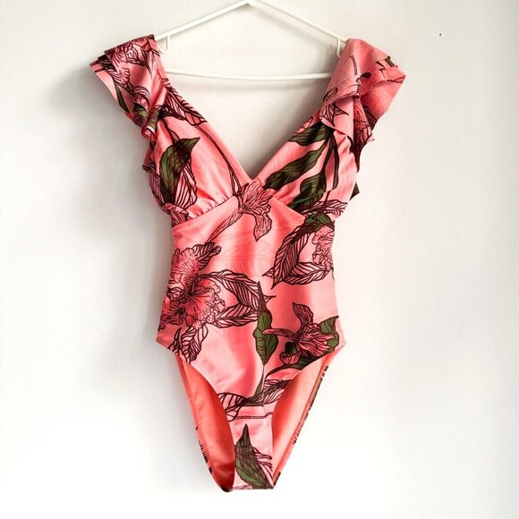 Hutch Floral Salmon Pink Ruffle Detail One Piece Swimsuit S - Picture 1 of 8